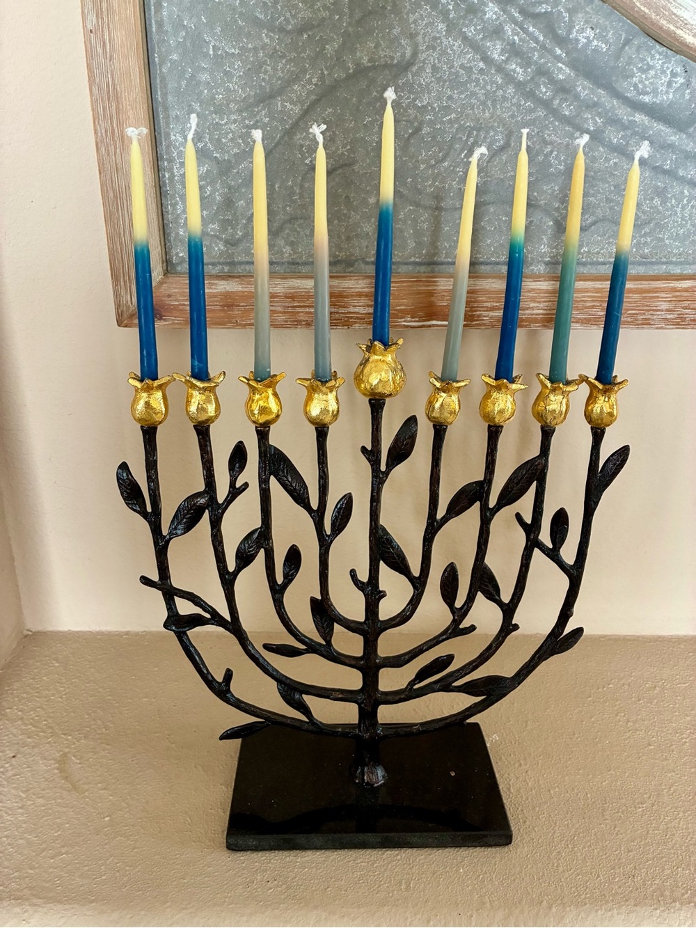 Michael Aram Handcrafted Black Metal Menorah with Gold Accents and Tapers